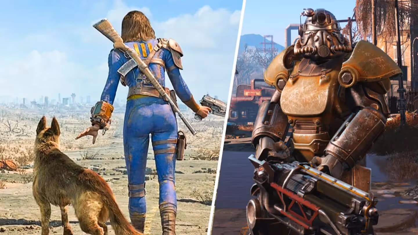 The POV character with a dog as their companion and a Knight of the Brotherhood of Steel with a large gun.