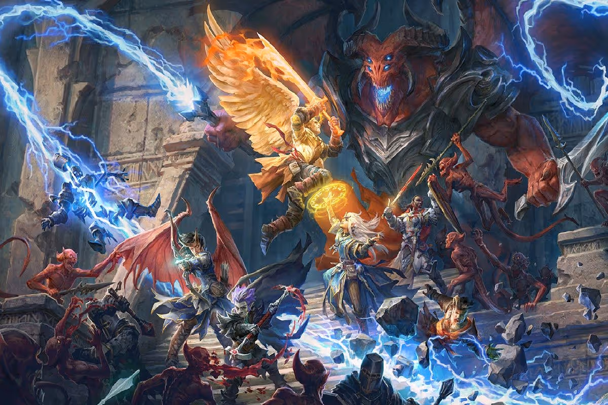 The cast of Pathfinder: Wrath of the Righteous fights off a horde of demons.