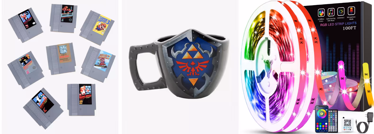 Images of Nintendo NES Cartridge Coasters, a Zelda mug, and strip lights