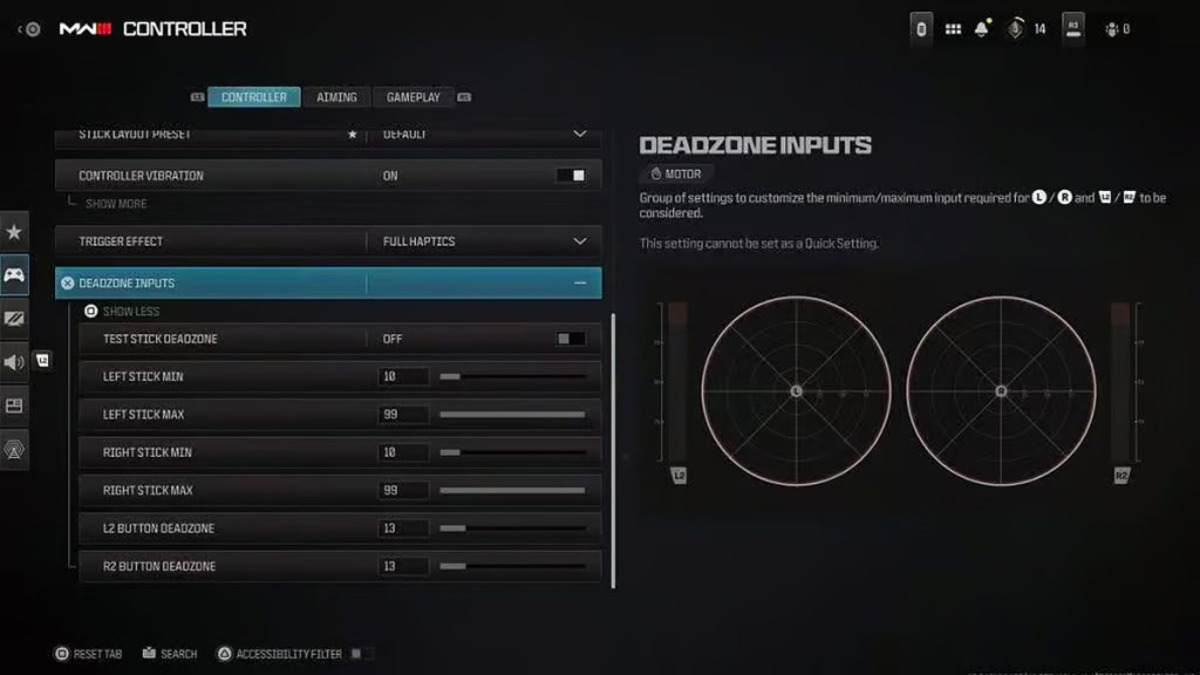 An image of the deadzone inputs settings menu from MW3.