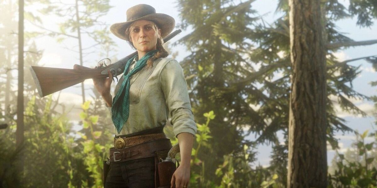 An image of Sadie Adler, a woman in western wear holding a gun over her shoulder.