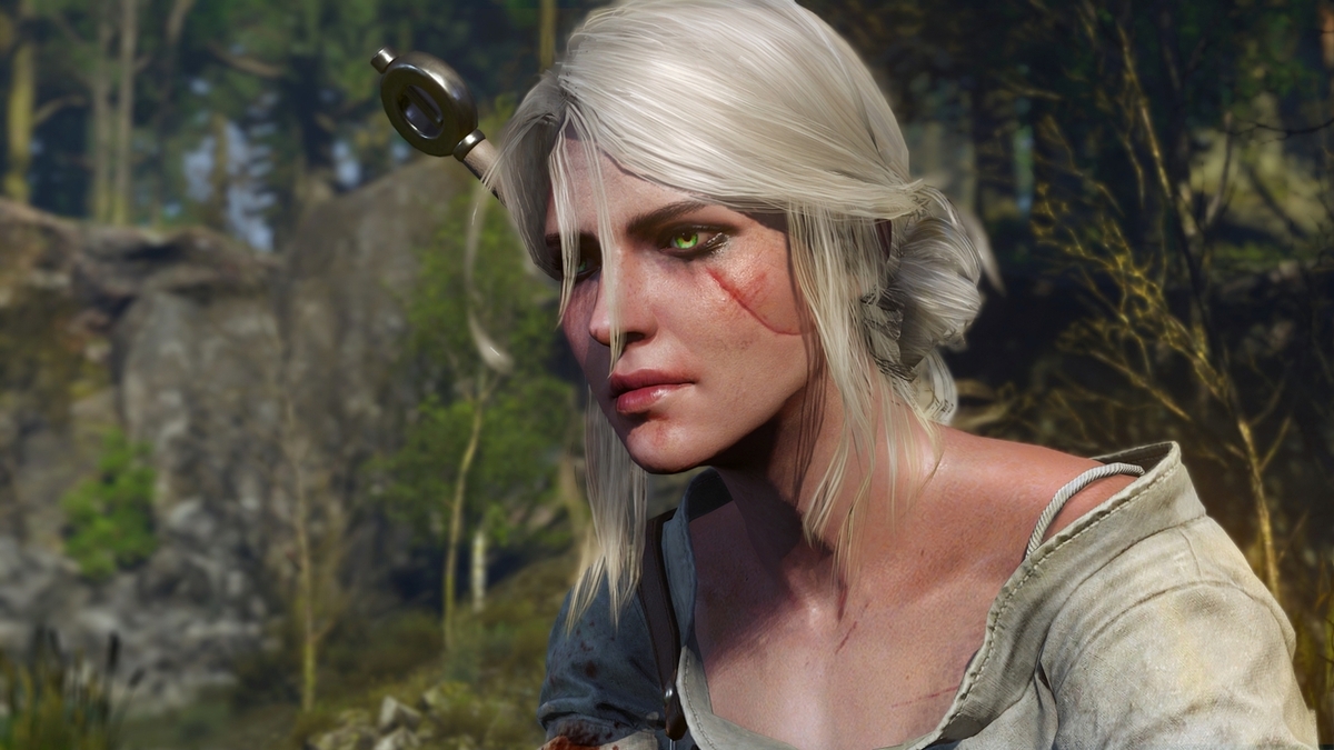 An image of Ciri from the Witcher game series, a silver-haired young woman with a scar on her face.