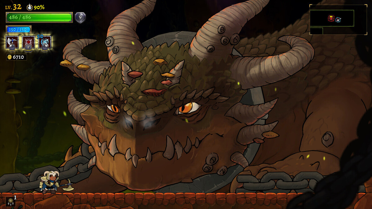 A screencap from Rogue Legacy 2, showing a character in a 2D art style facing against a dragon that takes up most of the screen.