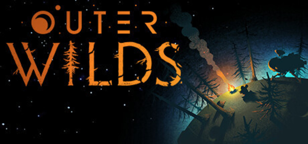 The logo for Outer Wilds, which shows a campfire lit in a wooded area on a small planet.