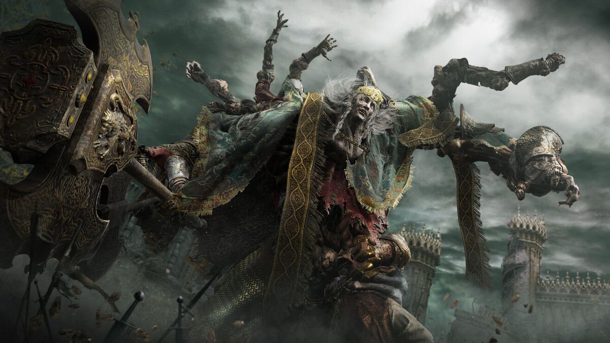 A screencap from Elden Ring, featuring a many-armed humanoid creature wielding a large weapon.