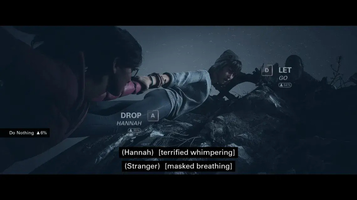 A screenshot from Until Dawn of two characters dangling from a cliff edge, with a masked individual reaching out to them. The subtitles read “(Hannah) [terrified whimpering]” and “(Stranger) [masked breathing]”, and there are options on the screen to either let go of the ledge or drop Hannah.