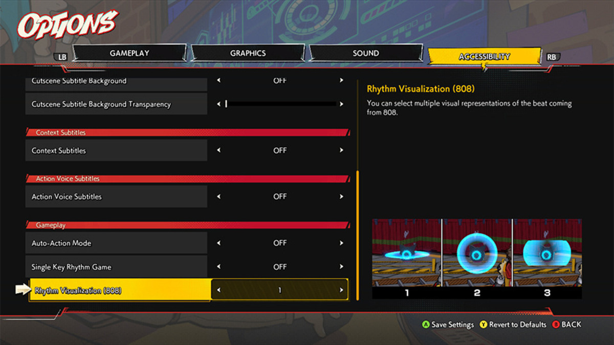 A screenshot of Hi-Fi RUSH’s options page, with the accessibility tab highlighted. An arrow points to a section labeled “Rhythm Visualization (808)”, which shows different ways the rhythm can be visualized in-game.