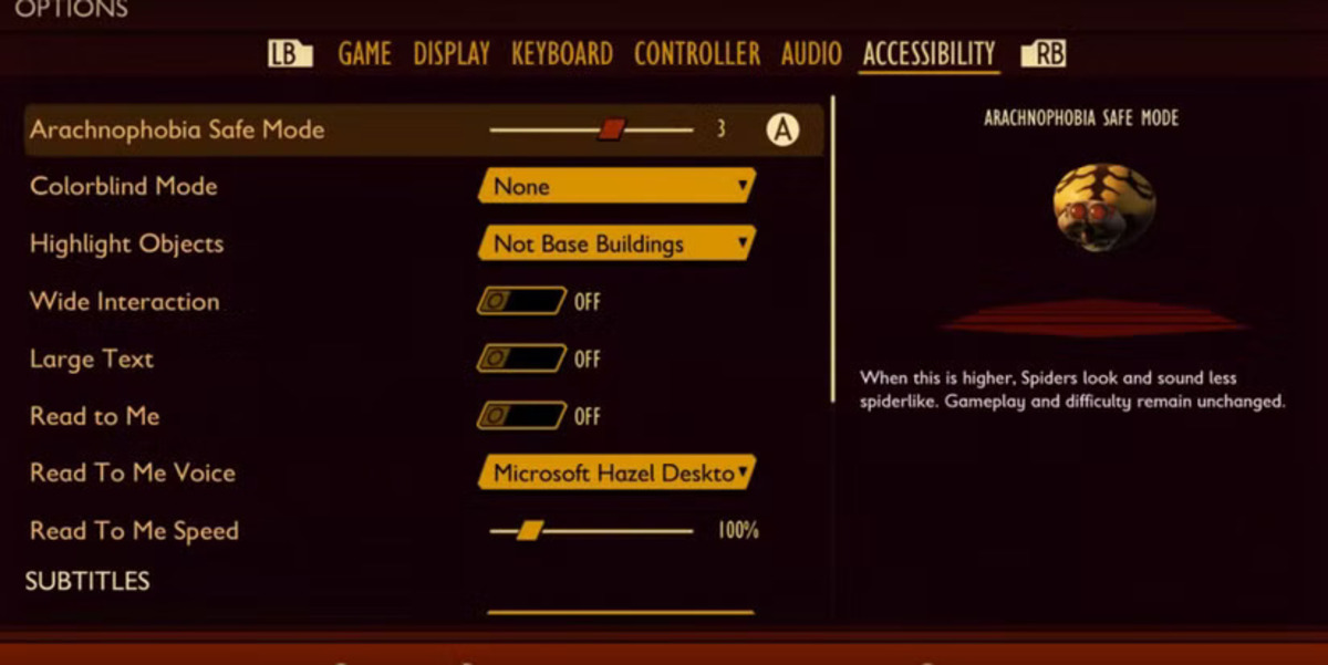 A screenshot of Grounded’s accessibility menu, with a list of various features. The arachnophobia safe mode option is highlighted and set to three, and shows a floating yellow spider with no legs.