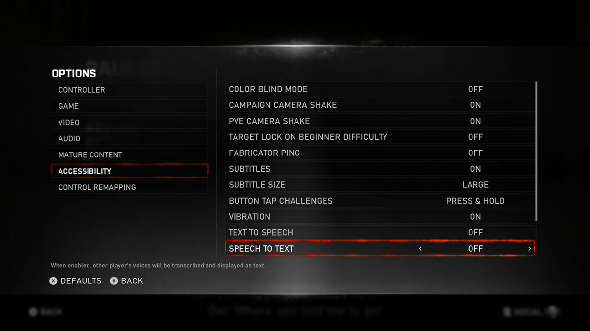 A screenshot of Gears 5’s accessibility menu. The accessibility options are arranged alphabetically rather than grouped by category. “Speech to Text: Off” is highlighted in the screenshot.