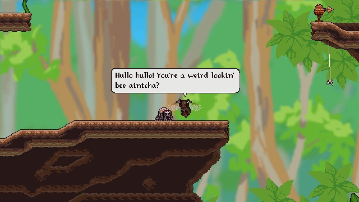 A screenshot from Webbed. A spider and a bee are shown. The bee has a text bubble above it that says, “Hullo hullo! You’re a weird lookin’ bee aintcha?”