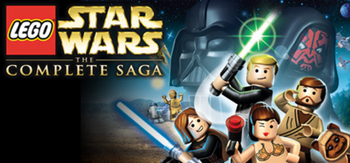 The logo of LEGO Star Wars - The Complete Saga. Multiple LEGO characters are depicted, wielding lightsabers and blasters.