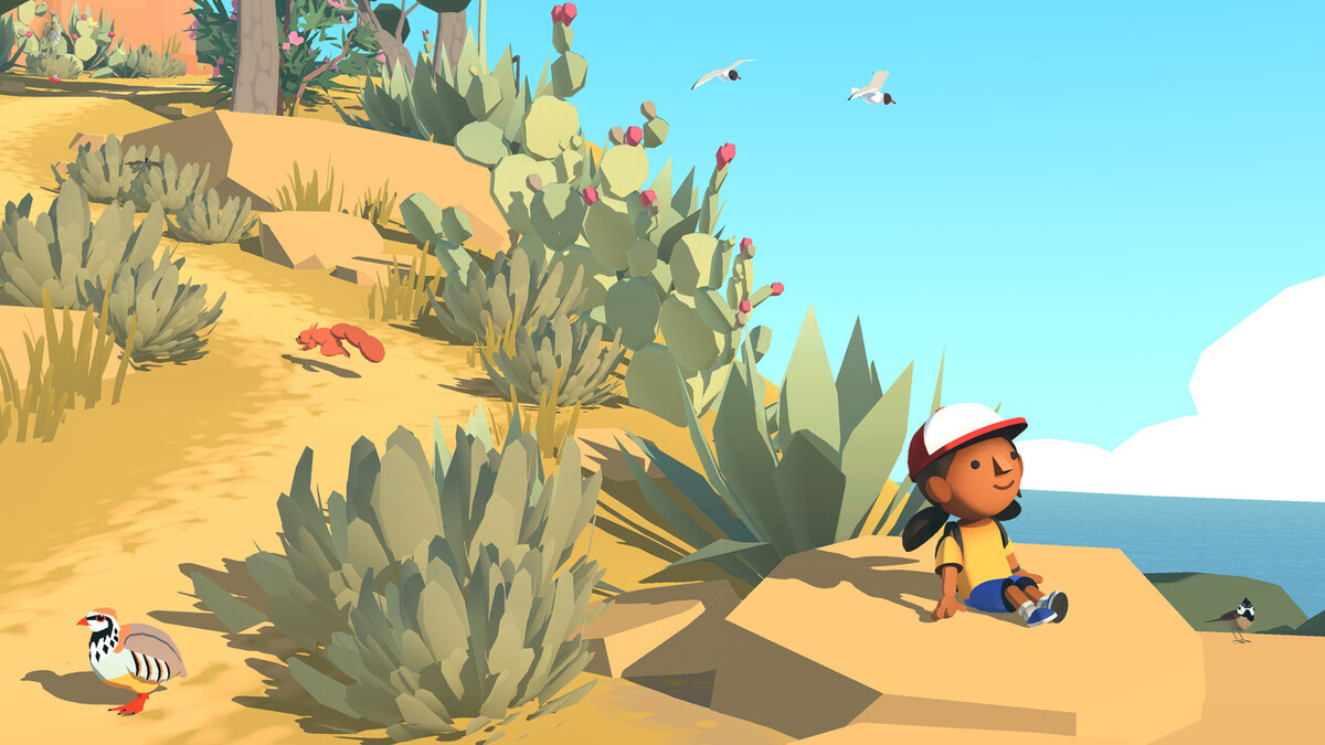 A screenshot from Alba: A Wildlife Adventure, showing a desert hillside. A young girl reclines on a rock, surrounded by birds and a squirrel.