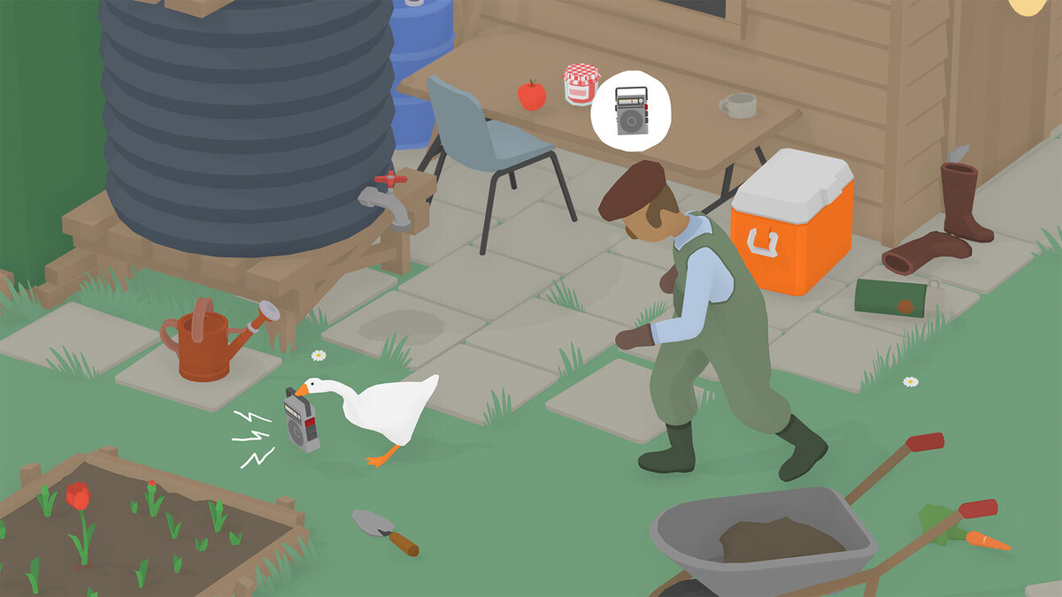 A screenshot from Untitled Goose Game, featuring a goose holding a radio and running away from a man.