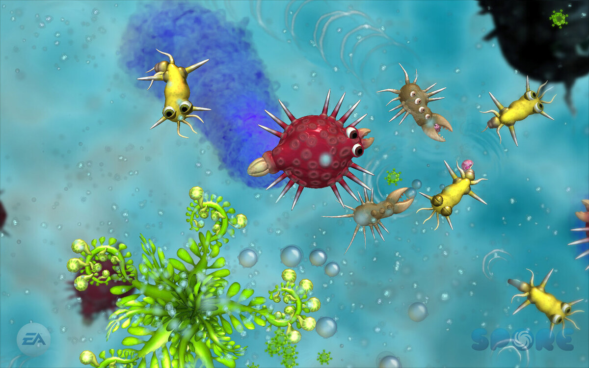 A screenshot from Spore, featuring multiple oddly-shaped creatures in an early evolutionary stage.