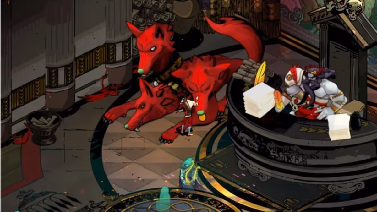 A screenshot from the game Hades. The main character is petting one of the heads of the three-headed dog Cerberus.