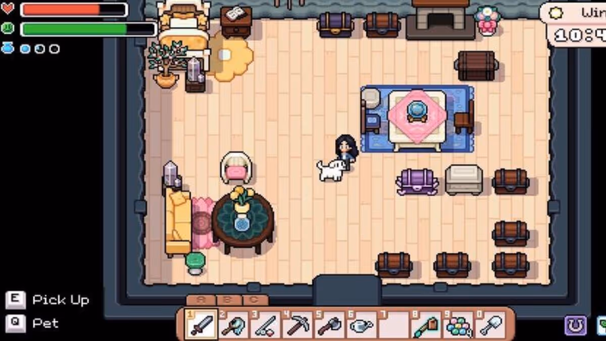 A screenshot of Fields of Mistria. The screenshot shows the brightly lit interior of a player’s house, with their character and a white dog in the center of the screen.
