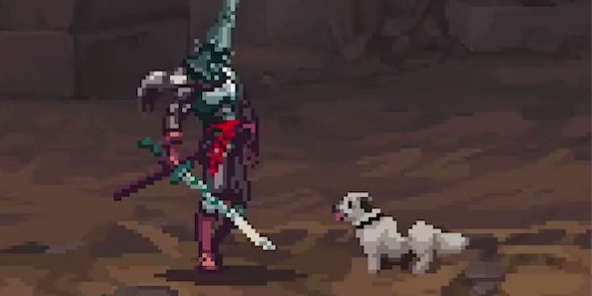 A screenshot from Blasphemous of an armored character wielding a sword. They stand next to a small white-and-brown dog.