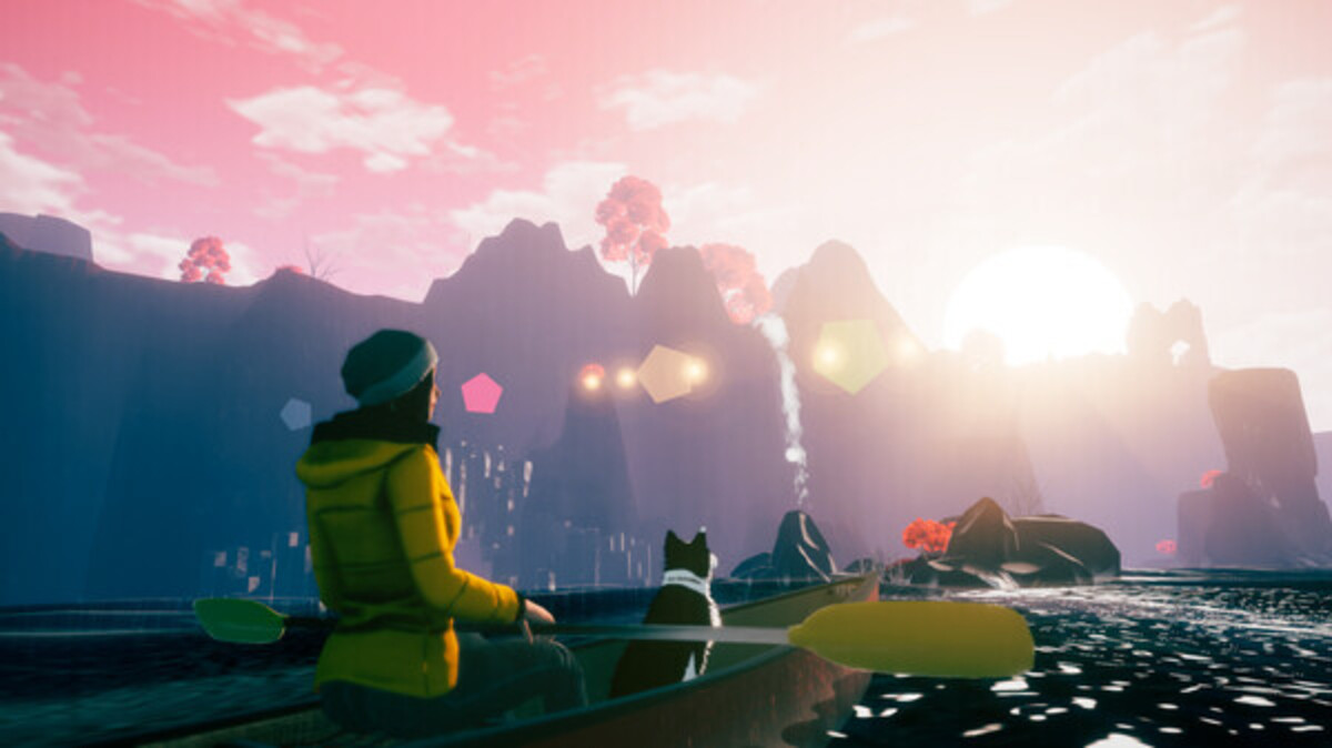 A screenshot from Farewell North of a woman in a yellow jacket and a dog in a canoe on the lake.