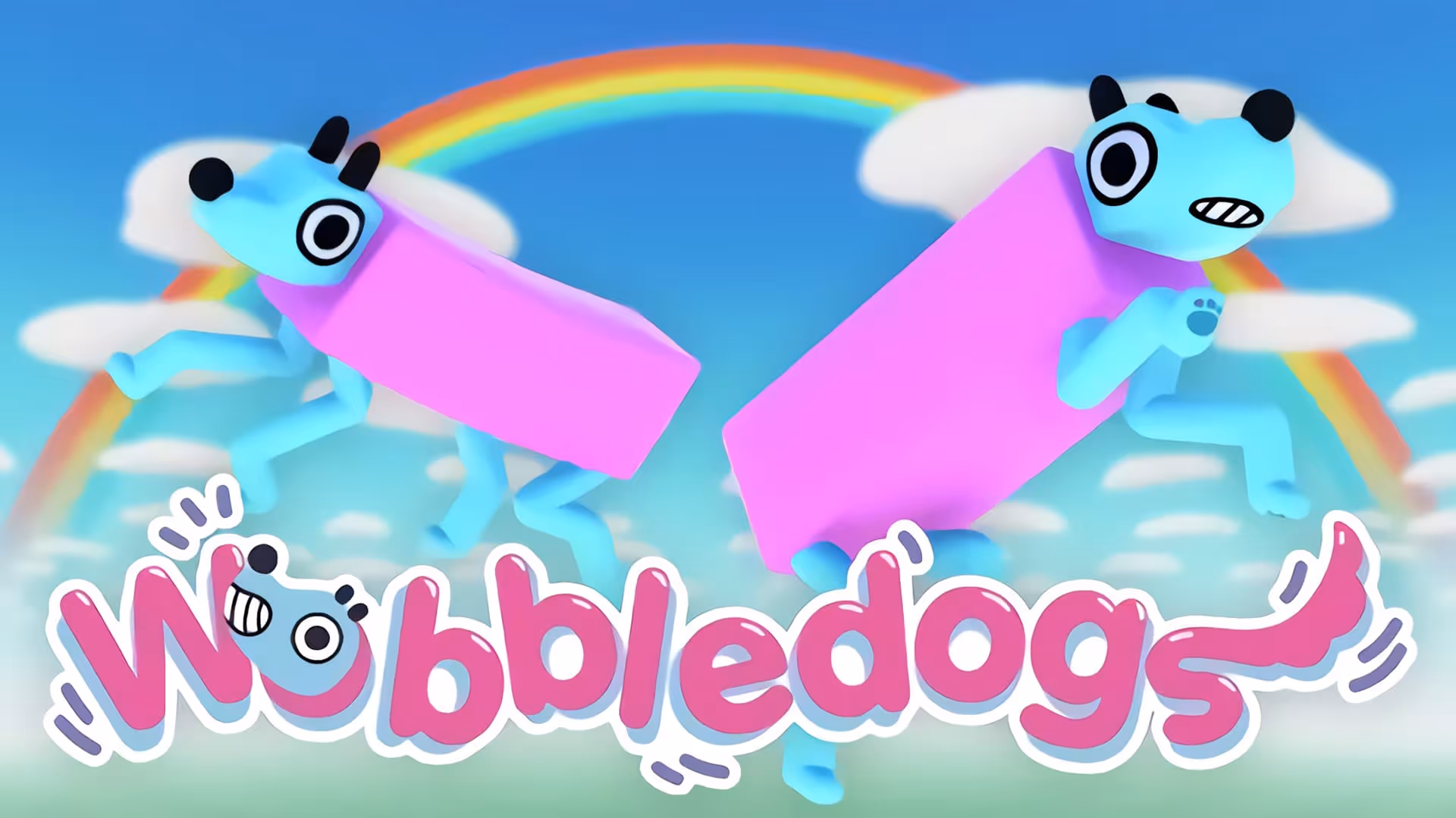 Promotional art for Wobbledogs, showing two blue-and-pink doglike creatures in front of a rainbow.