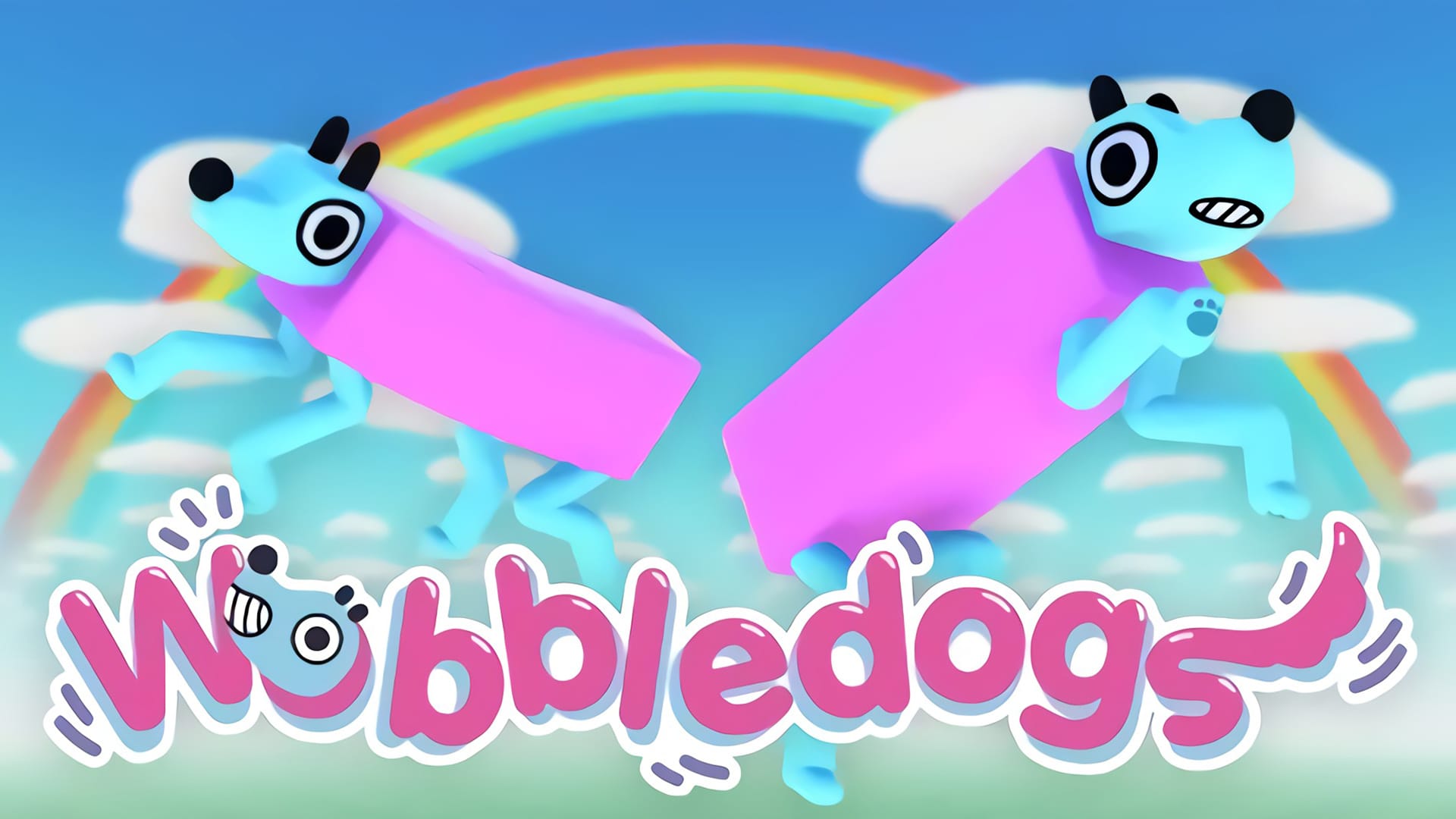 Promotional art for Wobbledogs, showing two blue-and-pink doglike creatures in front of a rainbow.
