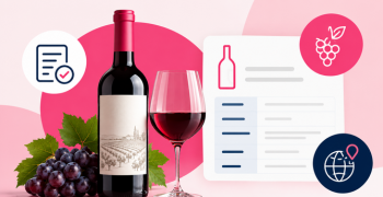 Vinflaske, vinglas og vindruer illustreret sammen med ikoner for produktdata, dokumentation og vinens oprindelse
