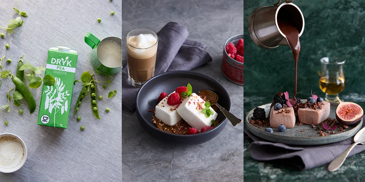 Lifestyle images of a Dryk pea drink on a table surrounded by pea pods, a bowl of vanilla ice cream with raspberries, and a caffè latte