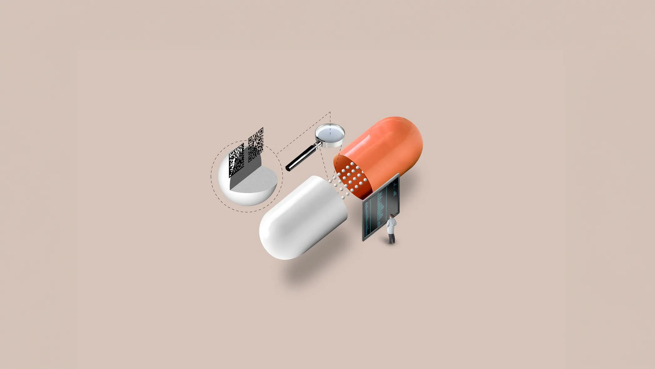 Illustration af en åben medicinkapsel omgivet af 2D-stregkoder, et forstørrelsesglas og en skærm med data.