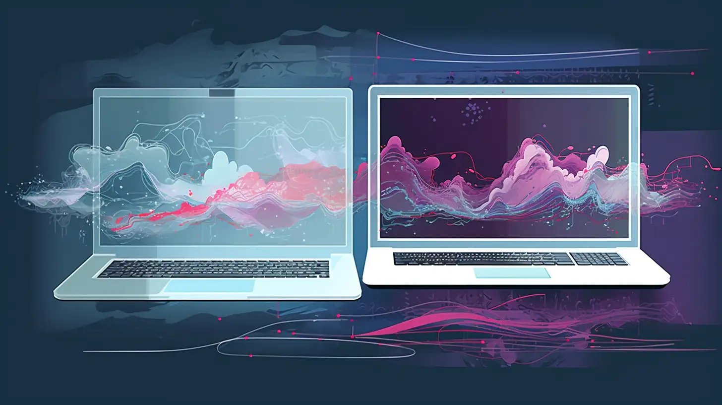 Two laptops connected by abstract blue and pink data streams