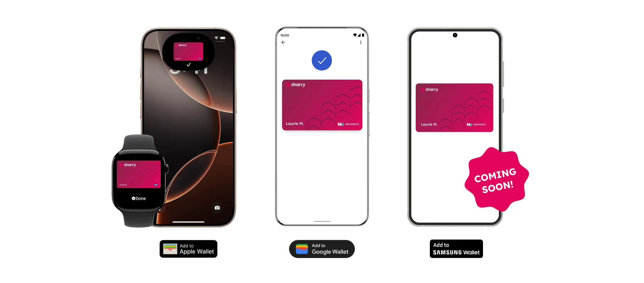 Sharry mobile access card for workplace entry available in Apple Wallet and Google Wallet, with Samsung Wallet integration coming soon. Secure digital workplace access with the same ease as mobile payments.