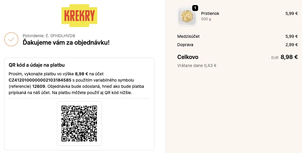 Ukázka QR kódu pro platbu v EUR v Shopify checkoutu.