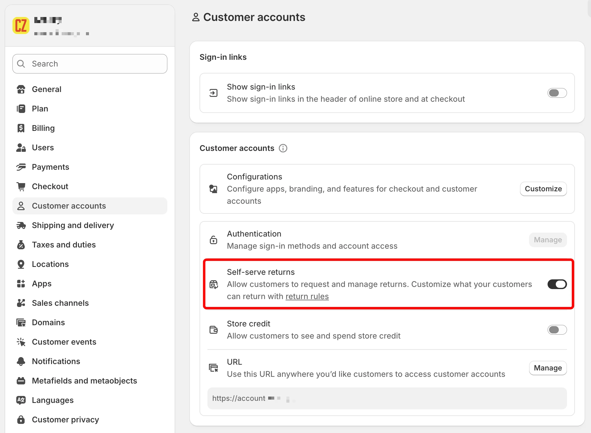 Povolení možnosti vrácení zboží v nastavení Shopify obchodu.
