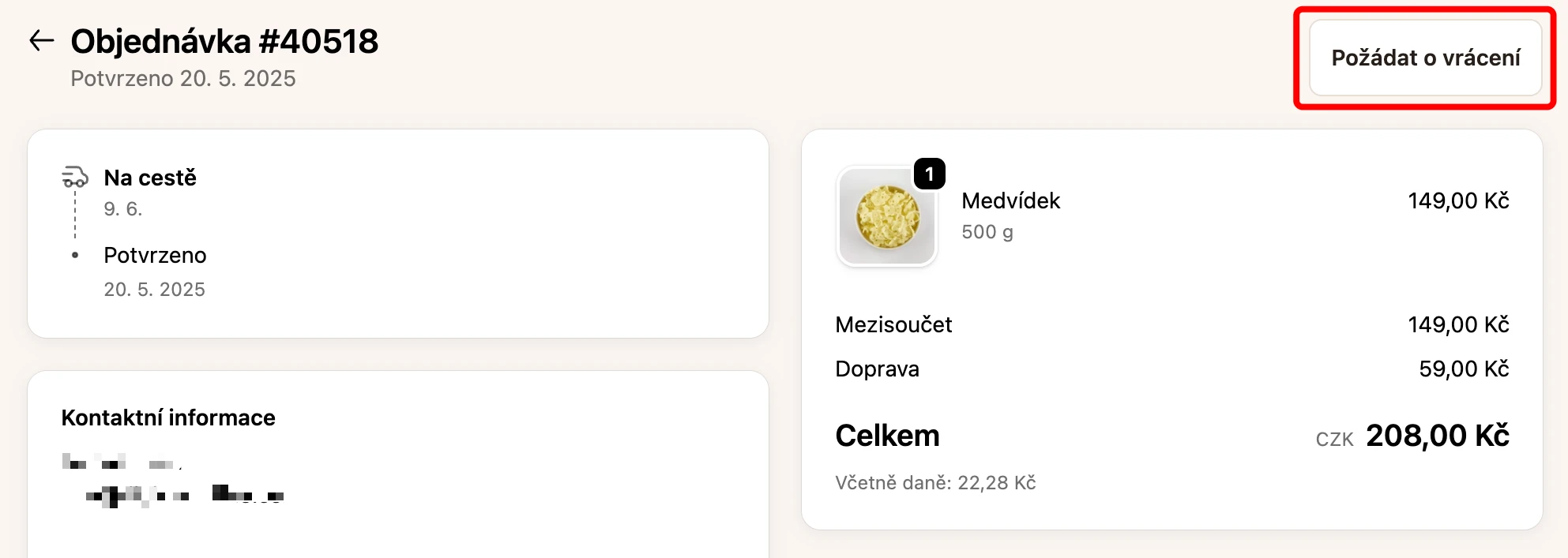 Tlačítko vrácení v detailu objednávky v zákaznickém účtu.