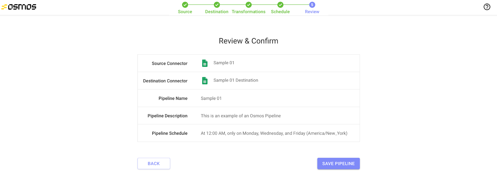 Review and Confirm pipelines