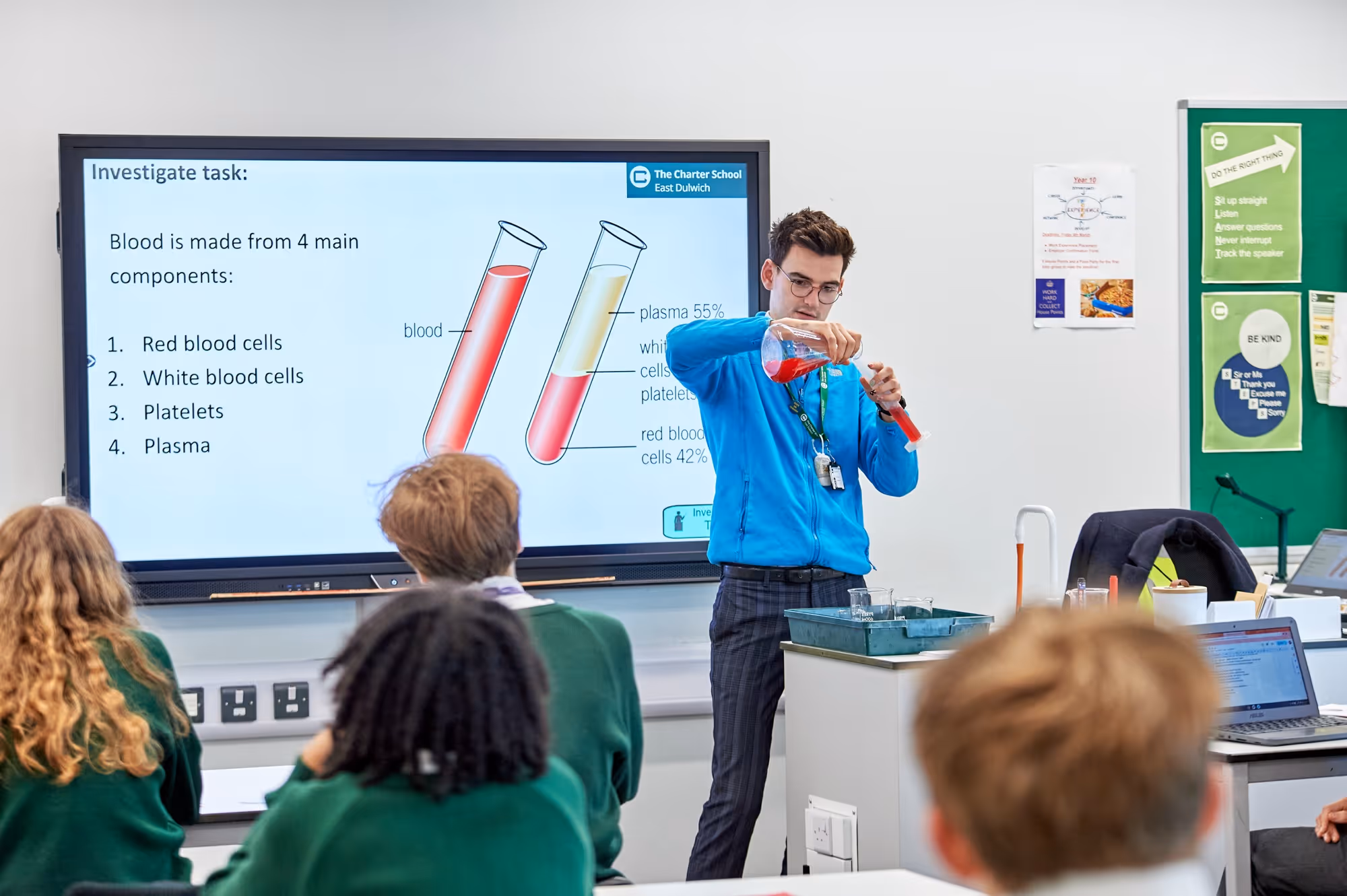A science classroom with students seated and facing a male teacher demonstrating a blood-related experiment using red liquid in a clear beaker. A large screen behind him displays a slide titled 'Investigate task' listing the four main blood components with images of test tubes containing red and yellow liquid.