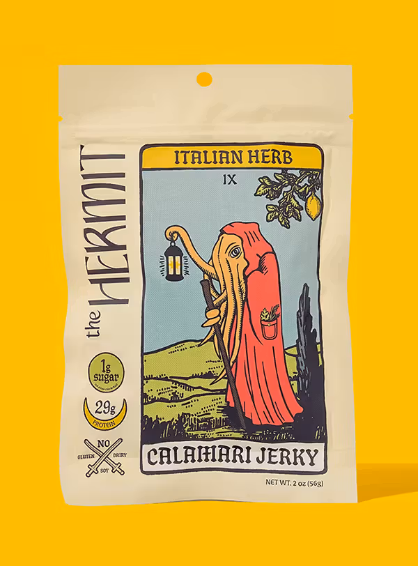 The Hermit Calamari Jerky Stand up Pouch Packaging Design