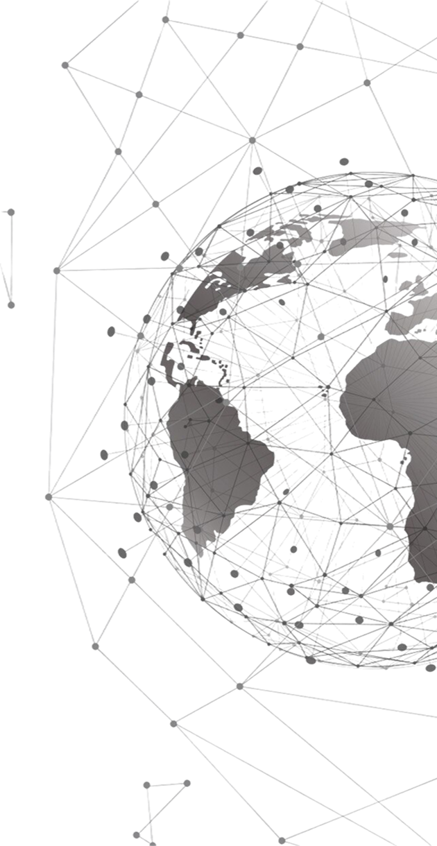 Partial view of a 3D globe showing connected network lines and nodes over continents, symbolizing global digital connectivity.