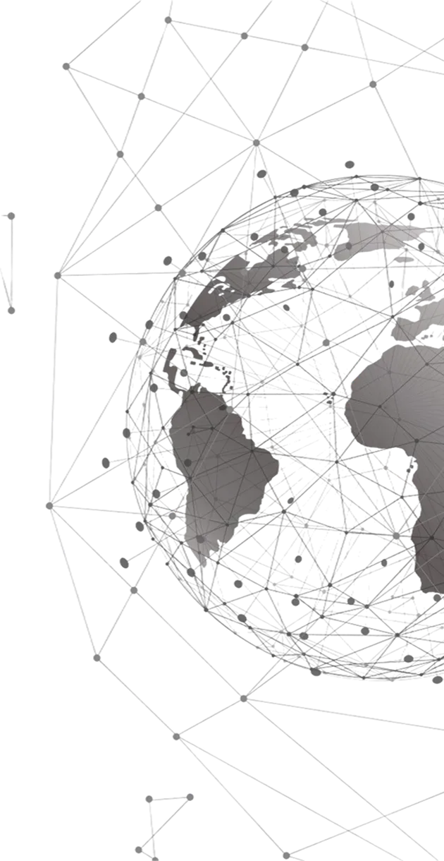 Partial view of a 3D globe showing connected network lines and nodes over continents, symbolizing global digital connectivity.