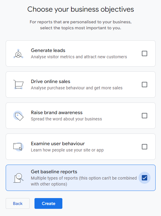 entering business objectives in Google Analytics setup