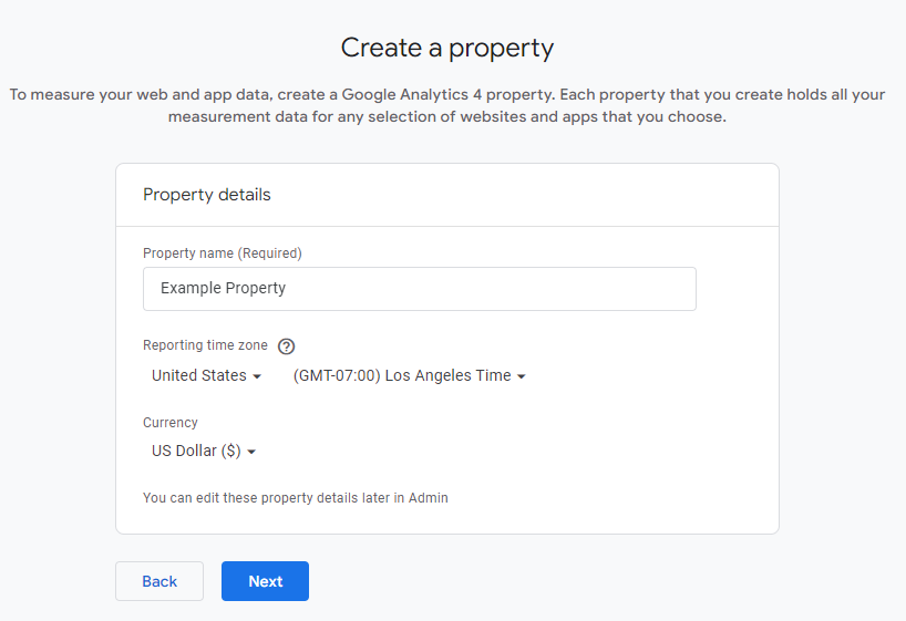 creating a Google Analytics 4 property