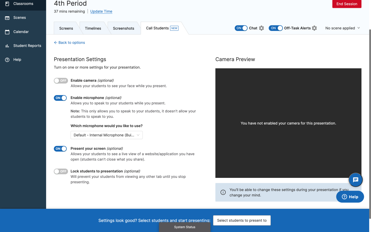 The video call presentation settings screen on GoGuardian Teacher