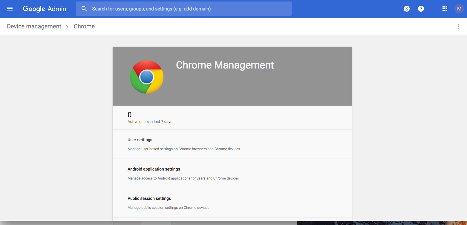 The Google Admin Console screen that shows Chrome Management user settings.