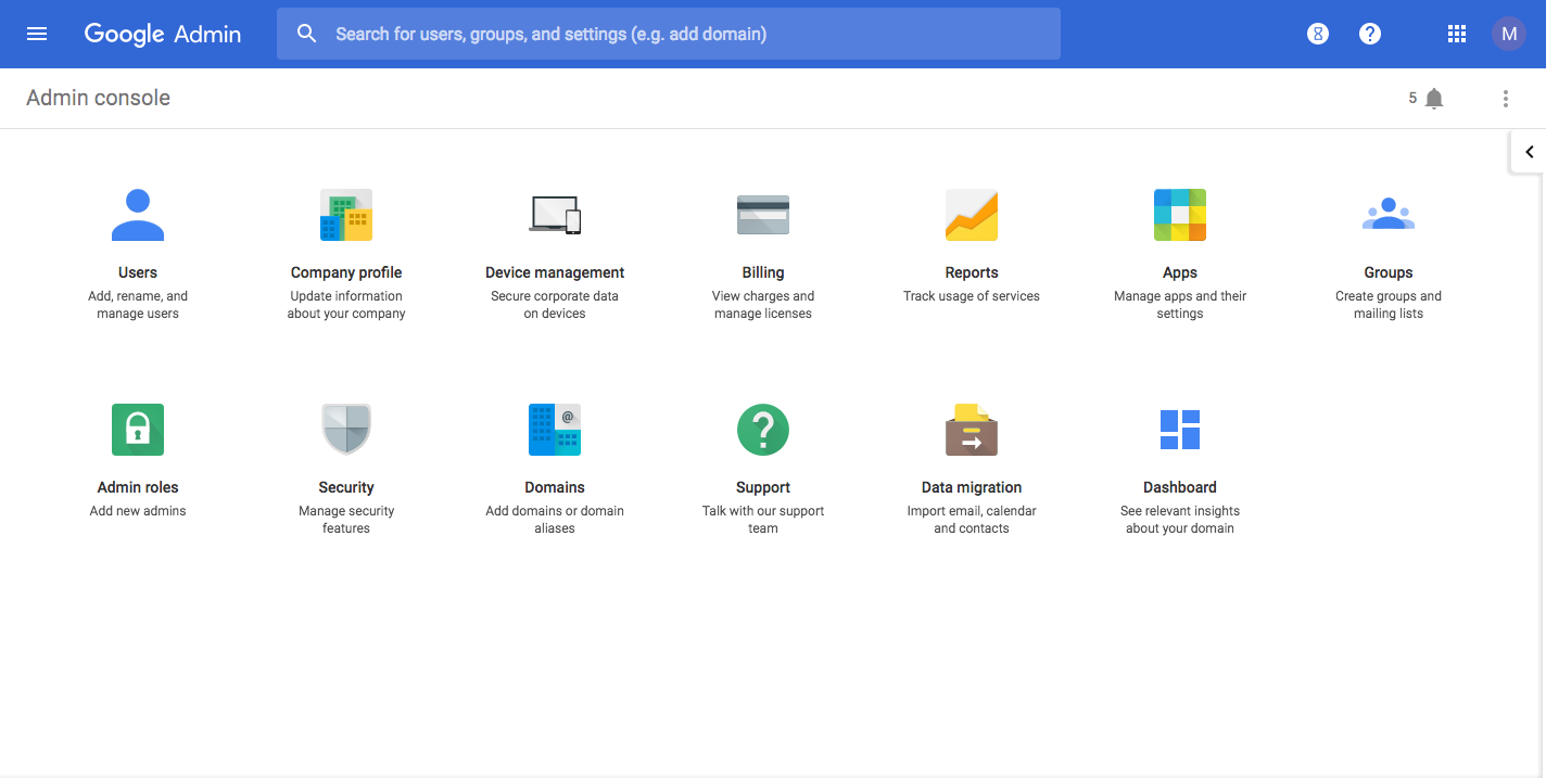 The Google Admin Console home screen.