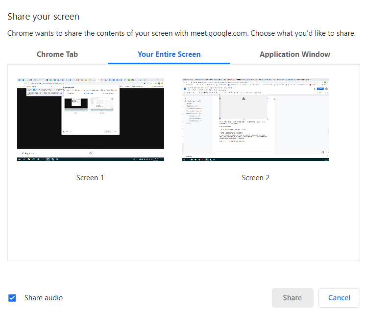 The Google Hangout Screen Share permission screen