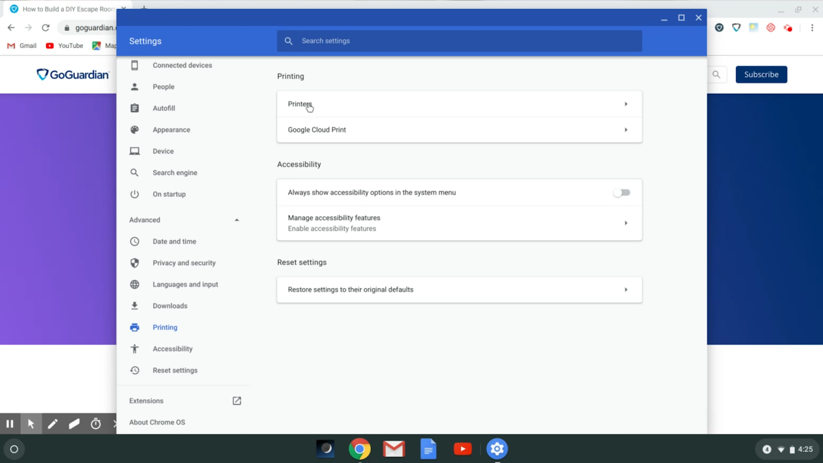 A Chromebook menu states Printing Settings and Printers.