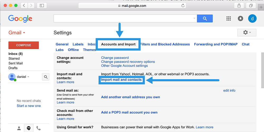 Tabblad Accounts en import in Gmail