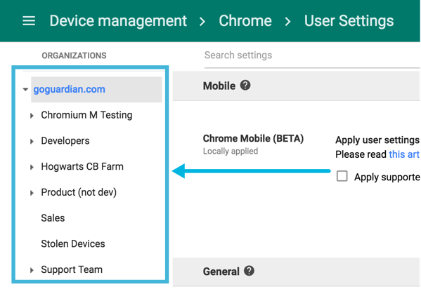 A menu shows a number of Organizational Units, including GoGuardian.com, Chromium M Testing, Developers, Hogwarts CB Farm, Product (not dev), Sales, Stolen Devices, and Support Team.