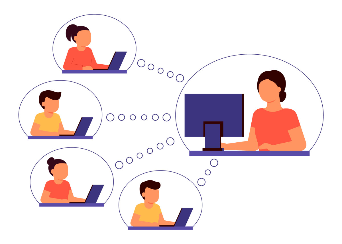 Illustration of a teacher working at a computer and working with 4 different students