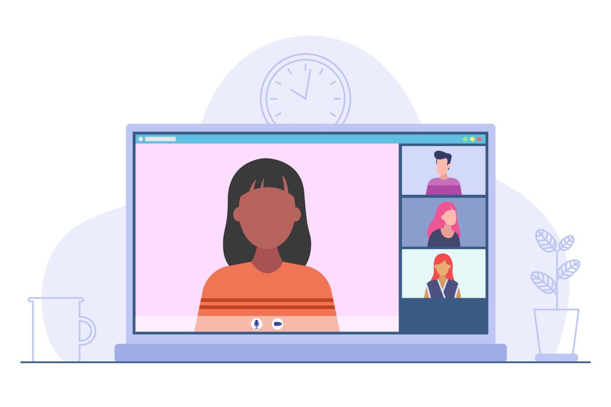 An illustration of a computer screen shows a group of people video chatting