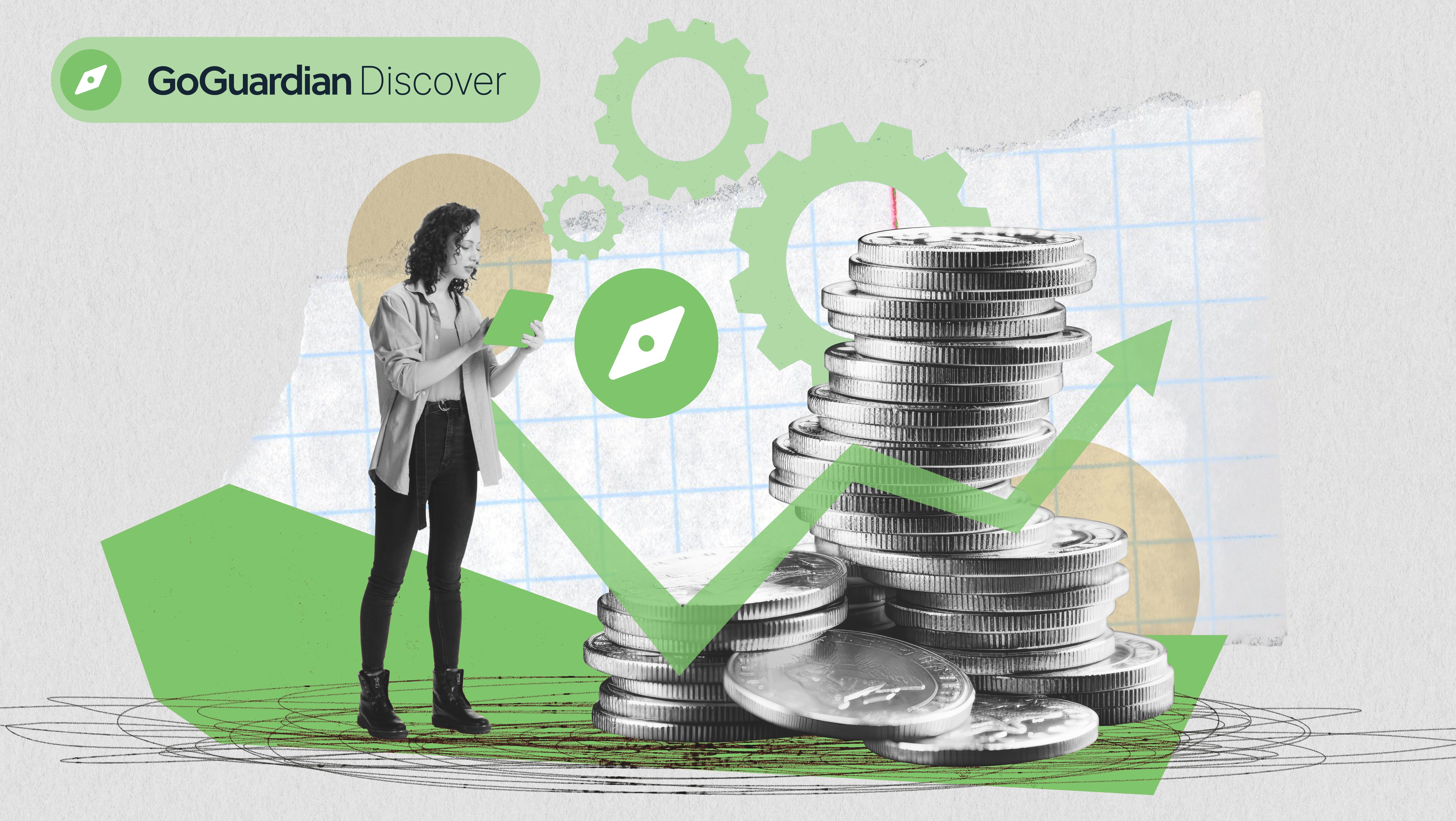 A woman standing by a pile of coins and an upward pointing arrow