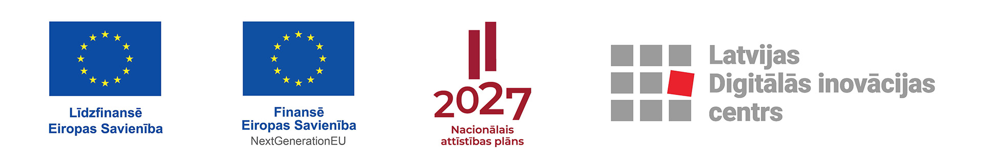 "Līdzfinansē Eiropas Savienība", "NextGenerationEU", "2027 Nacionālais attīstības plāns" un "Latvijas Digitālas inovacijas centrs" logo